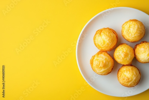 Small, golden pastries arranged on a white plate. photo