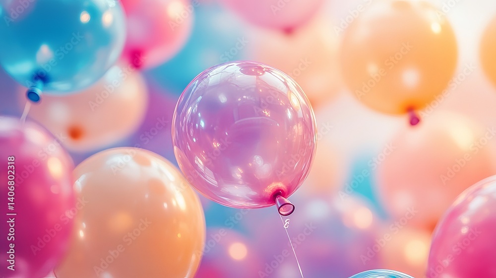 A vibrant array of pastel colored balloons floating in a celebratory or party atmosphere setting