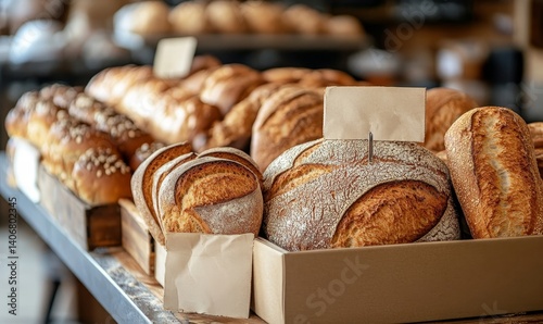 bread bakery shop or a supermarket bread section with empty price or name tag as wide banner with copy space area - Generative AI