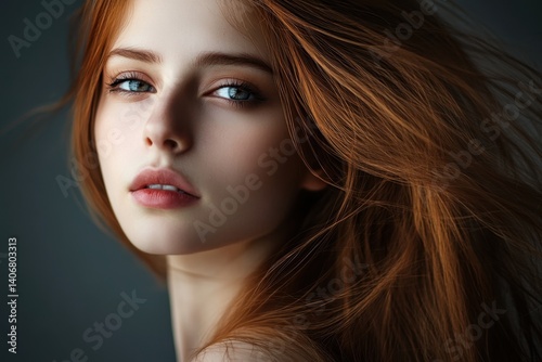 Young woman with flowing red hair gazes thoughtfully at the camera in soft light
