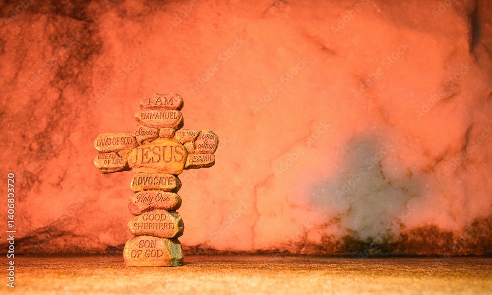 Obraz premium Cross made up of stones with the names of Jesus Christ printed on them. Marble rock background with a light red color.