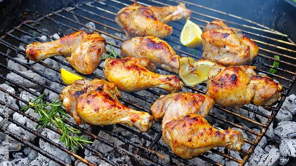 Grilled Chicken Legs with Lemon and Rosemary on a Charcoal Barbecue Grilled Chicken Legs with Lemon and Rosemary on a Charcoal Barbecue