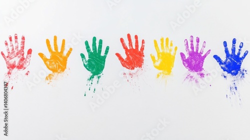 White wall with colorful multicolored hand prints