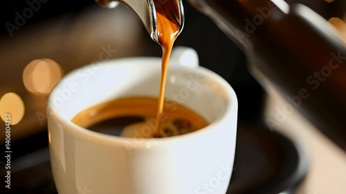 A cinematic close-up of a rich, golden stream of espresso pouring from a professional stainless steel espresso machine’s portafilter into a small, pre-warmed ceramic cup.