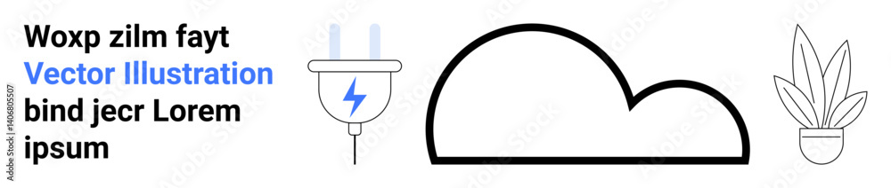 Cloud icon connected with an electric plug, text elements, and a minimal plant pot. Ideal for sustainability, cloud technology, renewable energy, innovation, smart solutions, tech branding flat Cloud icon connected with an electric plug, text elements, and a minimal plant pot. Ideal for sustainability, cloud technology, renewable energy, innovation, smart solutions, tech branding flat