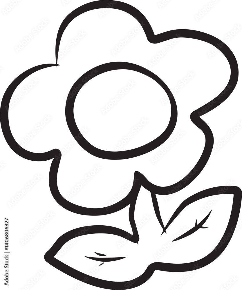 A minimalist black-and-white illustration of a flower with five petals and detailed leaves. Perfect for coloring activities, design projects, or floral-themed artwork. A minimalist black-and-white illustration of a flower with five petals and detailed leaves. Perfect for coloring activities, design projects, or floral-themed artwork.