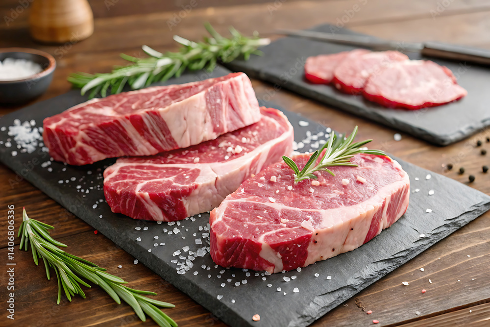 Premium Marbled Beef Display on Slate Board: Gourmet Meat Photography with Herbs and Rustic Charm Premium Marbled Beef Display on Slate Board: Gourmet Meat Photography with Herbs and Rustic Charm