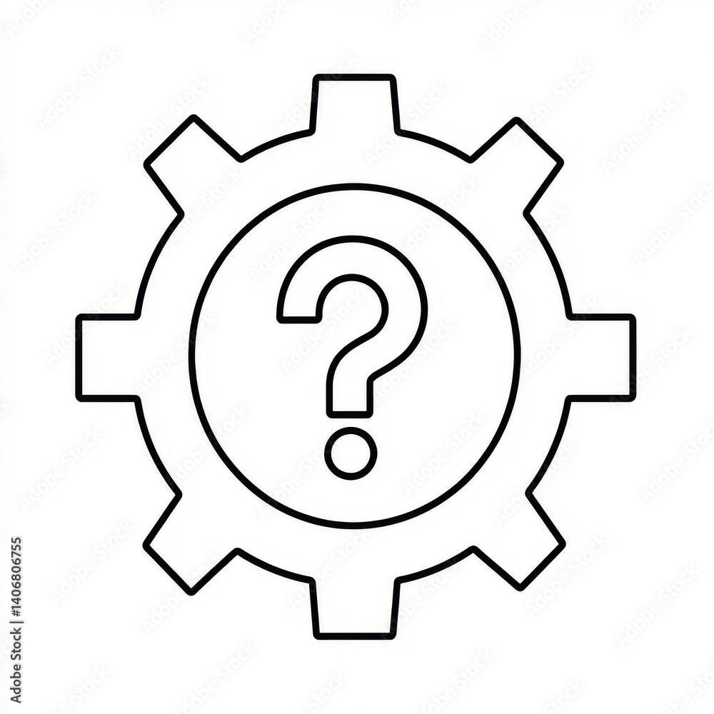Black flat vector icon of settings gear with question mark, technical support icon isolated on white background Black flat vector icon of settings gear with question mark, technical support icon isolated on white background