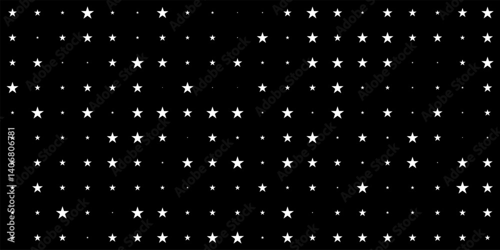 Seamless pattern of white stars in various sizes on black background. Minimalist geometric star design for wallpaper, fabric, textile, digital decoration. Monochrome abstract vector illustration. Seamless pattern of white stars in various sizes on black background. Minimalist geometric star design for wallpaper, fabric, textile, digital decoration. Monochrome abstract vector illustration.