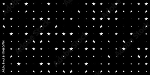 Seamless pattern of white stars in various sizes on black background. Minimalist geometric star design for wallpaper, fabric, textile, digital decoration. Monochrome abstract vector illustration.