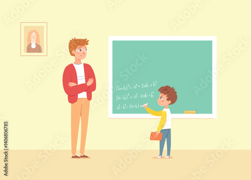 Teacher and student at blackboard solving math formulas. Boy writes algebra equations while teacher watches. Classroom scene with chalkboard, portrait, and educational atmosphere. Vector illustration.