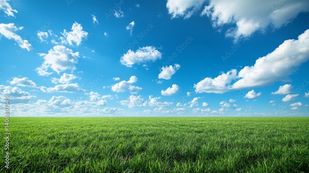 Obraz premium Vibrant Green Field Under a Blue Sky with Fluffy Clouds