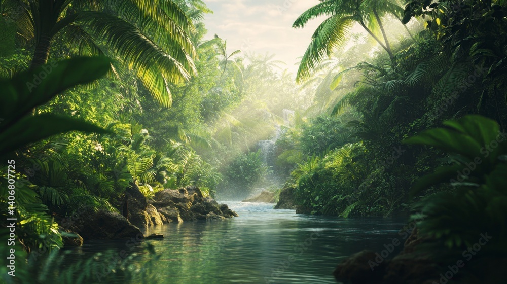 Fototapeta premium Serene Jungle Stream with Lush Greenery and Waterfall