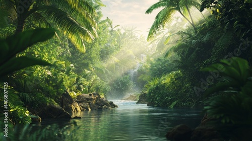 Serene Jungle Stream with Lush Greenery and Waterfall