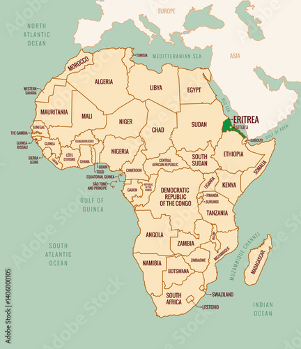 Eritrea Map Outline Vector Art Illustration for Geographical Projects