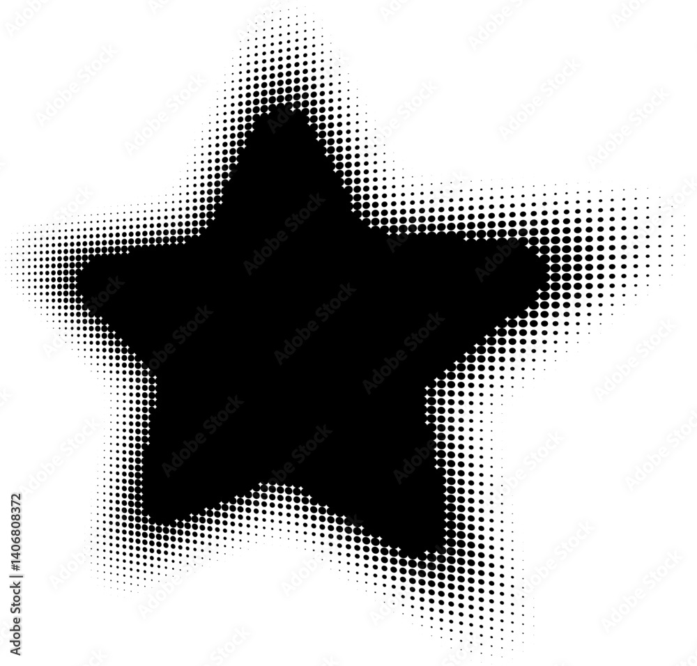 Abstract decorative black halftone star textures on isolated background. Geometric circular shape elements pattern in a star shape. Fit for poster, collage, or advertising, abstract design element.
