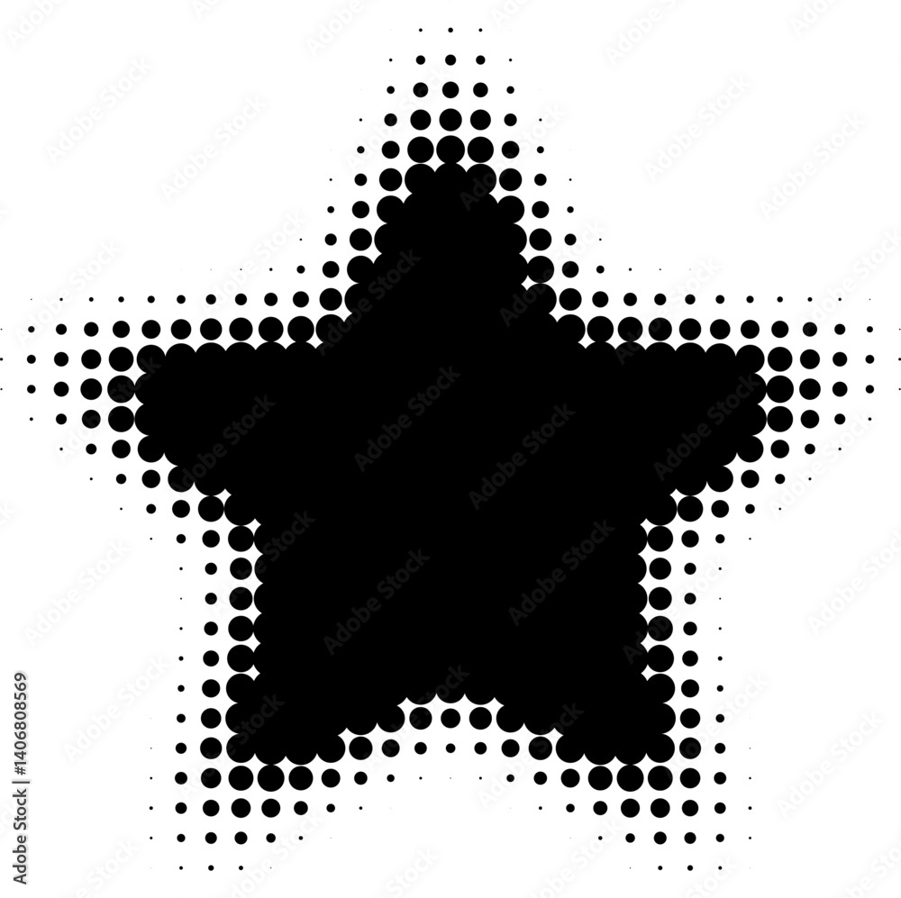 Abstract decorative black halftone star textures on isolated background. Geometric circular shape elements pattern in a star shape. Fit for poster, collage, or advertising, abstract design element.