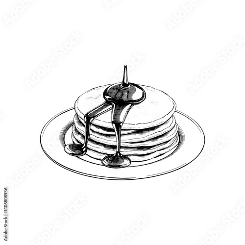 Vector engraving style illustration of a pancakes with syrup
