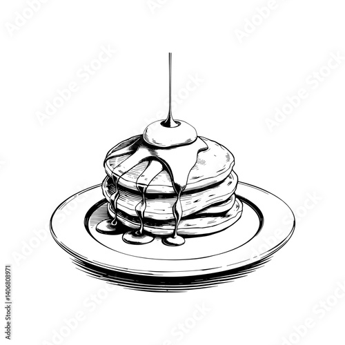 Vector engraving style illustration of a pancakes with syrup