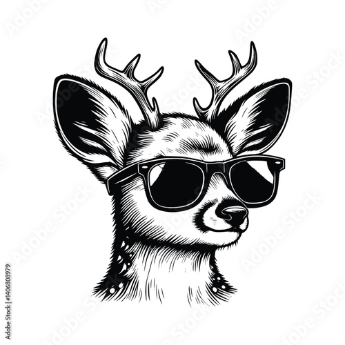 baby deer wearing sunglasses hand drawn illustration black and white vector