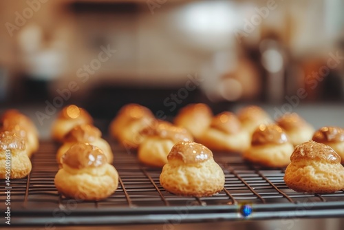 Freshly baked profiteroles cooling on a wire rack. photo