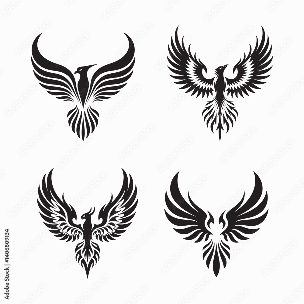 Vector set of wings illustration features black silhouettes of eagle, angel, and tribal designs, a symbol of flying art Vector set of wings illustration features black silhouettes of eagle, angel, and tribal designs, a symbol of flying art