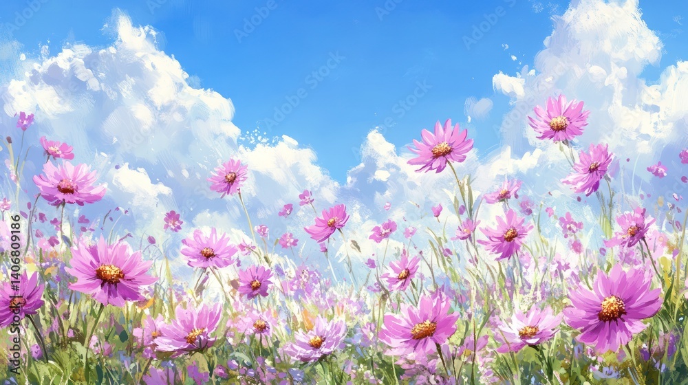 Pink cosmos field, sunny sky, clouds, floral design Pink cosmos field, sunny sky, clouds, floral design