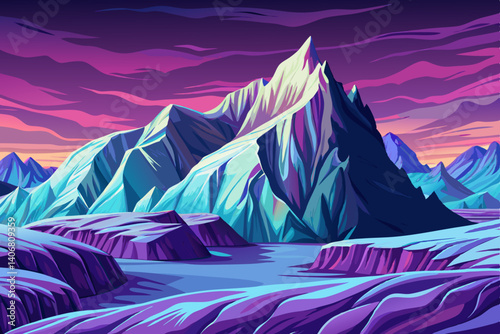 Majestic mountain peaks vector and turquoise glaciers glistening under a purple sky, Simple cartoon design Flat style illustration, winter landscape