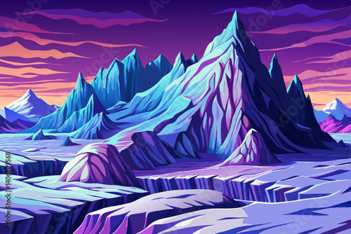 Majestic mountain peaks vector and turquoise glaciers glistening under a purple sky, Simple cartoon design Flat style illustration, winter landscape