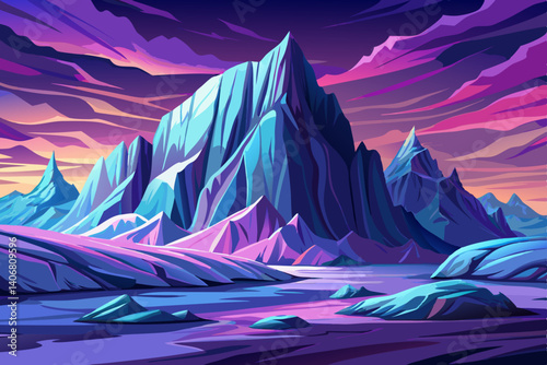 Majestic mountain peaks vector and turquoise glaciers glistening under a purple sky, Simple cartoon design Flat style illustration, winter landscape