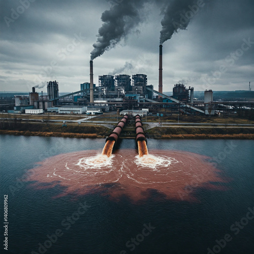 Dirty polluted water flowing into a lake from a factory. Nature pollution with industrial residues