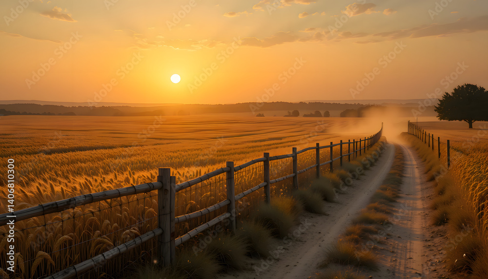 Obraz premium Wheat Field Path at Sunset with Wooden Fence and Golden Light