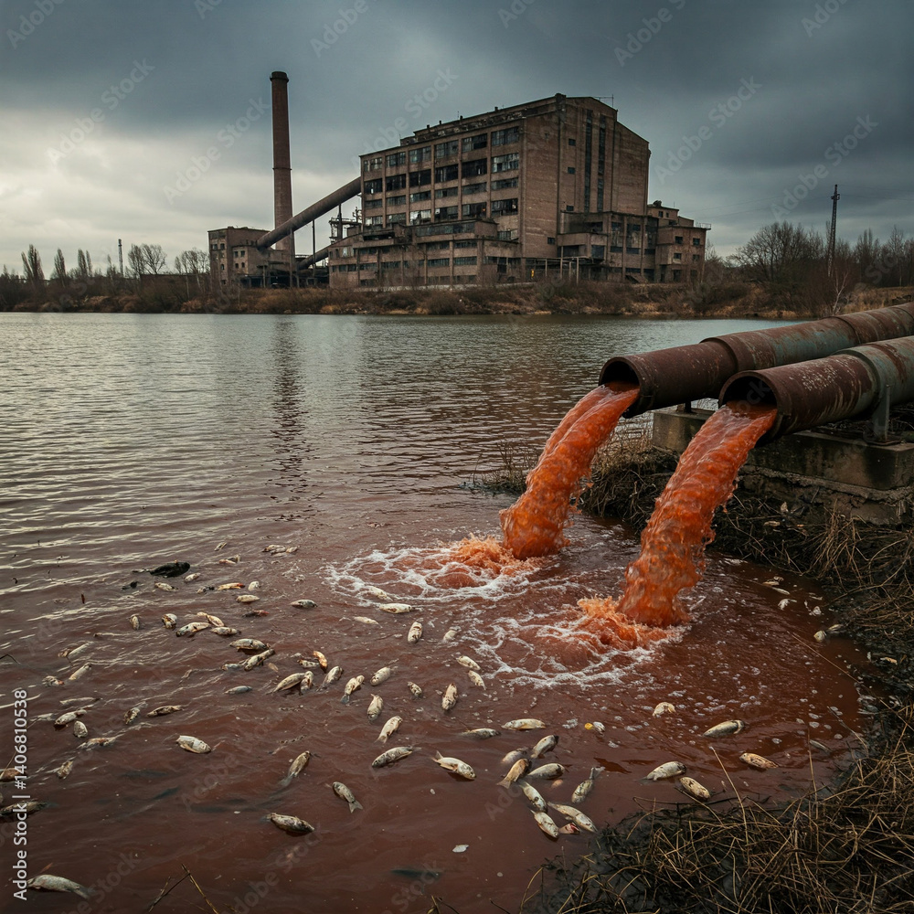Dirty polluted water flowing into a lake from a factory. Pollution of nature with toxic industrial waste