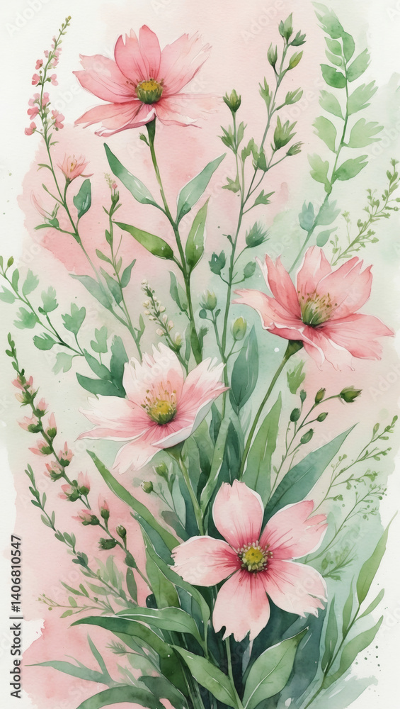 Fototapeta premium Watercolor painting of pink cosmos flowers and green foliage against a light pink and green background, soft and beautiful.