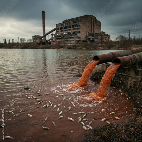 Obraz na płótnie Dirty polluted water flowing into a lake from a factory. Pollution of nature with toxic industrial waste w salonie