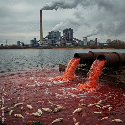 Dirty polluted water flowing into a lake from a factory. Nature pollution with industrial residues