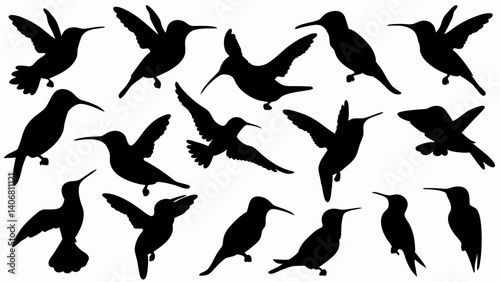 set of hummingbird silhouette vector on white background