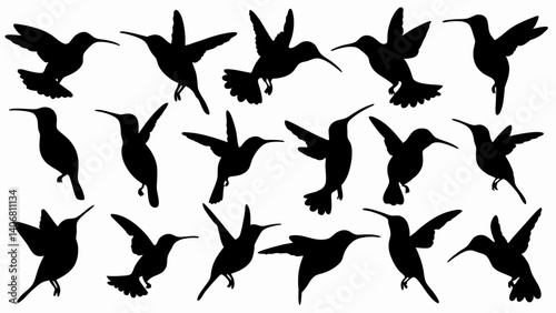 set of hummingbird silhouette vector on white background