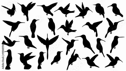 set of hummingbird silhouette vector on white background