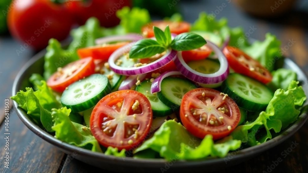 Fresh salad with vibrant vegetables served on rustic wooden table during lunch preparation Fresh salad with vibrant vegetables served on rustic wooden table during lunch preparation