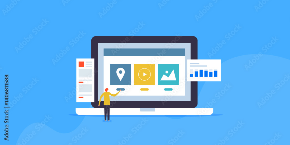 Online audience interacts with website content, dashboard showcase content engagement rate with graph indicator, content marketing analytics concept. Online audience interacts with website content, dashboard showcase content engagement rate with graph indicator, content marketing analytics concept.