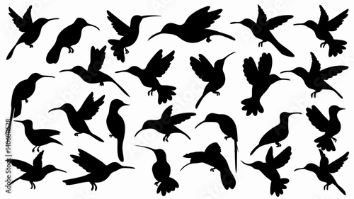 set of hummingbird silhouette vector on white background