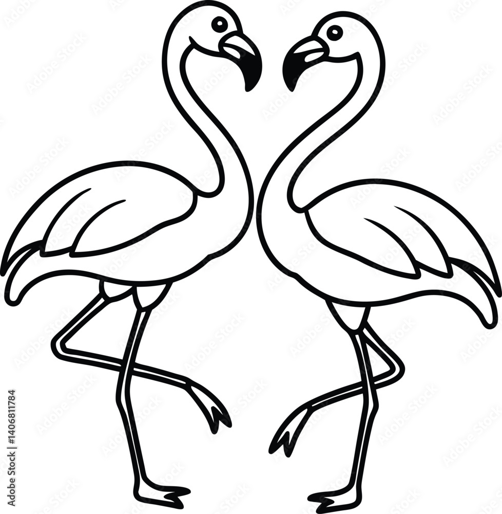 Fototapeta premium Two Flamingos Facing Each Other – Stylized Line Art Bird Illustration