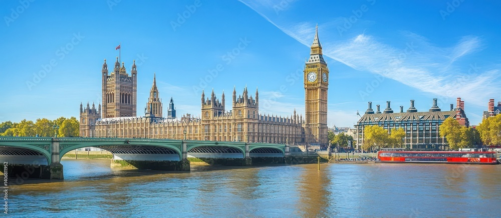 Fototapeta premium London Parliament, River, Bridge, Boat