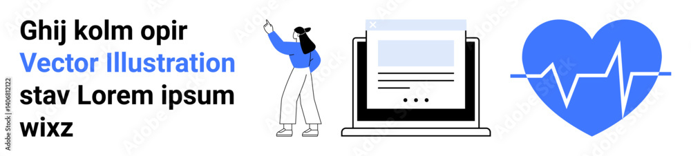 Woman gestures toward laptop displaying a webpage, accompanied by a blue heartbeat icon. Ideal for technology, health, education, presentations, online learning, wellness, simple landing page