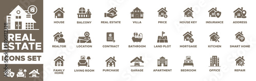 Real estate icons, home, Smart Home, Insurance, address, location, family home, office, mortgage, apartment, house price, ballcony, house, kitchen, bedroom, bathroom and more. Editable Solid icons set
