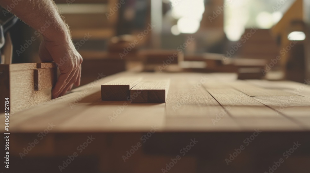 Carpenter building a wooden desk in a workshop. Featuring woodworking and furniture creation Carpenter building a wooden desk in a workshop. Featuring woodworking and furniture creation