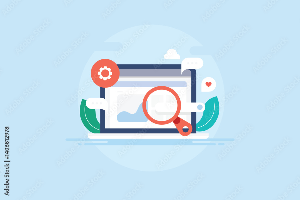 Website page on laptop screen with magnifier and search bar, concept of website optimization for higher visibility on search engine. Website page on laptop screen with magnifier and search bar, concept of website optimization for higher visibility on search engine.