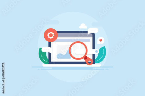 Website page on laptop screen with magnifier and search bar, concept of website optimization for higher visibility on search engine.