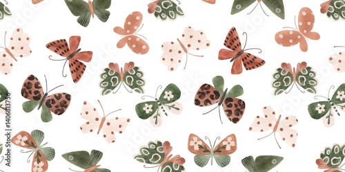 Whimsical Watercolor Butterfly Pattern on White Background